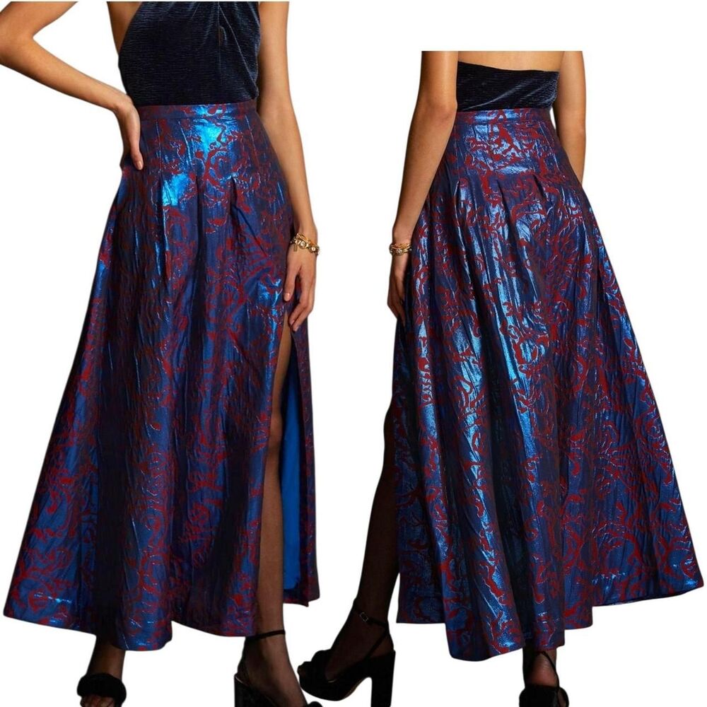 Anthropologie Maeve Pleated Shimmer Maxi Skirt Side Slit Blue Motif Size 4 $160